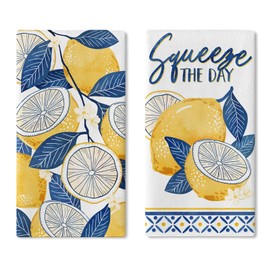 Croar Chinoiserie Lemon Kitchen Dish Towels Set of 2, Squeeze The Day Lemonade Drying Hand Towel Baking Cooking Cloth, Summer Blue and White Porcelain Farmhouse Home Decoration 18 x 26 Inches