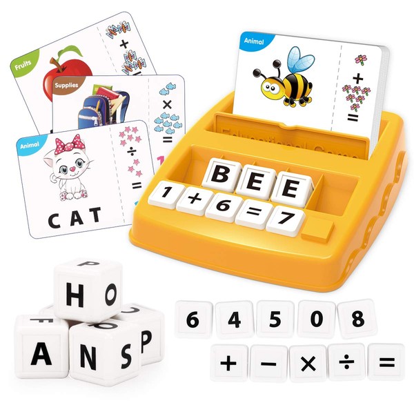 REMOKING Kids Toys for 3-8 Year Old Boys Girls,Match Letter and Spell Word Game with Flash Cards,Alphabet and Math Puzzle,Educational Learning Board Game,Gift Toy for 3 4 5 6 7 Years Old Kids(Yellow)