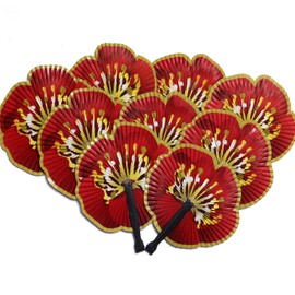 Bestage 20 Pieces Chinese New Year Decorations Paper Fans Red Rose Fan Oriental Handheld Japanese Round Folding Party Fan for Chinese Wedding Party Birthday Festival Favors Decorations