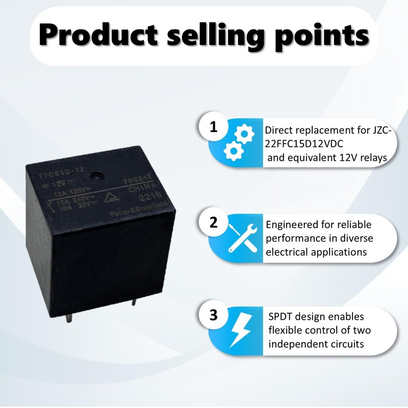 T7CS5D-12 12VDC SPDT 10A 5-Pin Power Relay Compatible with JZC-22FFC15D12VDC