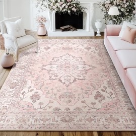 RELEANY Area Rugs 2'x3' Washable Non-Slip, Floral Vintage Distress Print Pattern Medallion Carpet for Living Room Bedroom Dining Room, Pink Greypink Cute