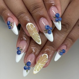 White Press on Nails Long Stiletto Fake Nails French Tip False Nails with Blueberries Lemons Designs 3D Water Wave Stick on Nail Glue Glossy Full Cover Acrylic Nail for Women Girls Manicure 24 PCS