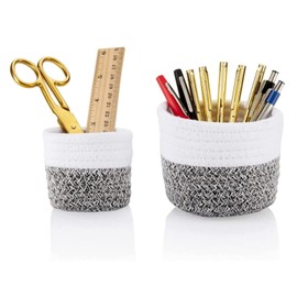 VIVERIE Boho Decor Pencil Holder for Desk (Set of 2) - Multi-purpose Small Handwoven Cotton Basket, Make Up Organizer Storage, Autumn Decor, Christmas Gifts, Fall Decorations, University Gifts