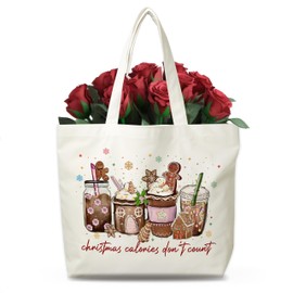 Dhsupfcn Christmas Gingerbread Canvas Tote Bag, Christmas Calories Don't Count Themed Holiday Reusable Shoulder Bags, Xmas Gifts Bag for Women Friends, New Year Party Favors, A14