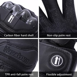 Harssidanzar Leather Motorcycle Gloves for Men and Women, Touchscreen Powersports Carbon Fibre Knuckle Protection Motorcycle Gloves KM045, Black, Size S