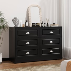 Shintenchi Dresser for Bedroom with 6 Drawers,Double Dresser & Chest of Drawers Wooden Organizer with Metal Handle, Storage TV Stand for Living Room,Black