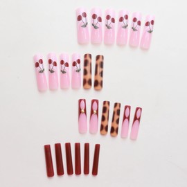 BABALAL Press on Nails Long Square Fake Nails Brown Cheetah Glue on Nails Red French Tip Acrylic Nails Y2k Wild Design False Nails 24pcs Squoval Manicure Stick Nails Supplies DIY Artificial Nails Art
