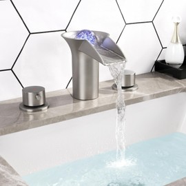 DOLGABA LED Light Bathroom Sink Faucet, Waterfall Bathroom Faucet 3 Hole 8 Inch Widespread Vanity Faucet 2 Handles with Ball and Supply Lines, Brushed Nickel