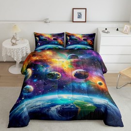 Feelyou Universe Galaxy Comforter Set Twin Size Kids Planets Earth Bedding Set Boy Girl Teen Solar System Comforter Breathable Outer Space Duvet Set Nebula Quilt Set