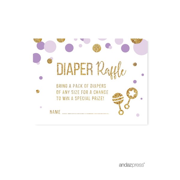 Andaz Press Lavender Purple Gold Glitter Girl Baby Shower Party Collection, Games, Activities, Decorations, Diaper Raffle Cards, 30-Pack