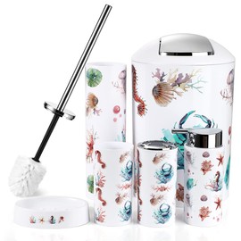 OTOSTAR 6 Piece Bathroom Accessories Set Plastic Bathroom Set Includes Toothbrush Holder Soap Dispenser Tumbler Soap Dish Toilet Brush Holder Trash Can Bath Accessories for Decor Countertop (Seahorse)