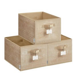 SONGMICS Collapsible Storage Boxes, Set of 3 Fabric Storage Baskets, 40 x 30 x 24 cm, Wardrobe Storage Organisers, 2 Handles, Label Holders, for Bedroom, Living Room, Sand Beige ROB440K01