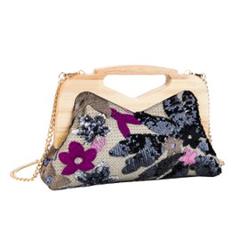 Abvokury Wooden Handle Sequin Embroidered Floral Handbag with Detachable Strap Evening Bag for Wedding Party (Black)