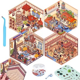 4 Sets DIY Mini 3D Penguin Travel Theme Sticker Scenes with Tweezers Make Your Own Landmark Building Scene Stickers Cute Micro Animal House Stickers for Relief Stress Pass The Time