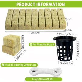 QOOWFEANIG Grow Cubes for Hydroponics 50Pcs Stonewool Starter Plugs & 50Pcs 2in Slotted Mesh Net Pot Cups with 10m Self Watering Cotton Wick Cord for Hydroponic System/Seedlings/Soilless Cultivation