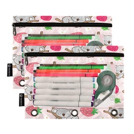 Kigai Strawberry Koala Binder Pencil Pouch 3 Ring,Zipper Pencil Case with Clear Window Pencil Pouch 2 Pack for School Classroom Office Organizers