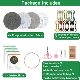 Embroidery Kit,4 Set Embroidery Kit for Beginners,Cross Stitch Kits,Beginner Embroidery Kit for Adults with Embroidery Hoop, Threads and Instructions