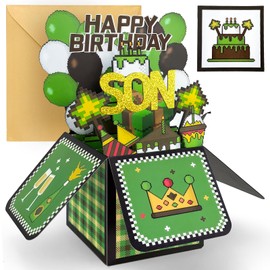 YianHien Son Birthday Cards, 3D Pop Up Birthday Card for Son from Mum Dad, Pixel Gaming Themed Birthday Greeting Cards for Boys, Happy Birthday Decoration Gifts for Him with Notecard & Envelope