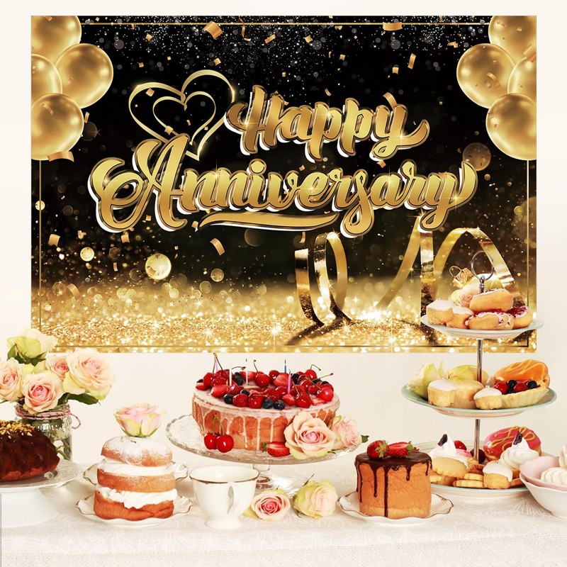 QYCX Anniversary Party Decorations - Black and Gold Backdrop Banner