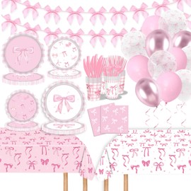 164 Pcs Pink Bow Birthday Supplies Coquette Birthday Decorations, Bow Plates Napkins Cups Banner Tablecloth Balloons Bow Theme Tableware for Girls Bachelorette Party Baby Shower Decor, Serve 24