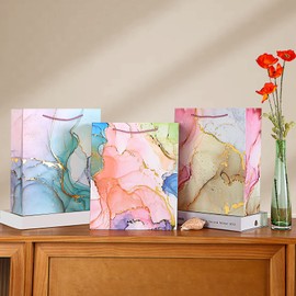 Lancool 12Pack Gift Bags Medium Size, Premium 12.6x10.2x4 Inch Marble Gift Bags Medium Size, Gifts Bags Bulk, 4 Assorted Designs Foil Gift Bags for Fathers Day, Baby Shower, Birthday, Wedding, Party Favors.