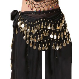 LERTREE 128 Gold-Coins Belly Dance Hip Scarfs Women Chiffon Belly Dance Waist Wraps Belt with Bead Tassel Wave Skirts (Chiffon, Black)