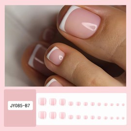 French Tip Press on Toenails Short Square Fake Toenails White Tip French Design Acrylic Glue on Toenails Nude Pink Full Cover False Toe Nails Glossy Stick on Toenails for Women Manicure Decor 24Pcs