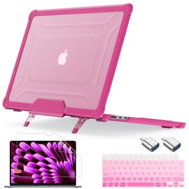May Chen for M4 MacBook Air 15 inch Case A3241 A3114 M3 A2941 M2 Chip 2023 2024 2025, Fold Kickstand Heavy Duty Protective Hard Shell Case Cover with TPU Bumper, X-Pink