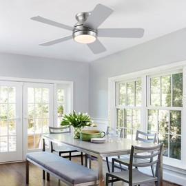 POCHFAN 42 Inch Brushed Nickel Ceiling Fans with Lights and Remote, LED Low Profile Flush Mount Ceiling Fan for Bedroom, Living Room, Patio, Quiet DC Motor, 5 Blades