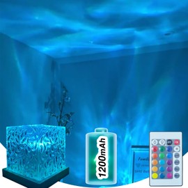 Baibaiba Ocean Wave Projector Light Cordless - Battery Operated Under Water Lamp Cube Northern Lights Aurora Projector Rechargeable Night Light for Shower Bedroom Stress Relief (Wireless)