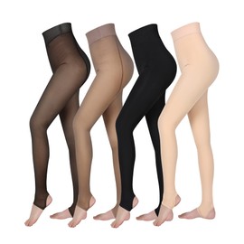 4 Pairs Fleece Lined Tights Women Fleece Translucent Leggings Winter Thermal Sheer Tights Warm Fake Pantyhose for Women Girl (Black, Brown, Nude,200 g)
