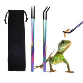 ZcrPrn 2Pcs Reptile Feeding Tongs, Colorful Extra Long Tweezers Stainless Steel Straight and Curved Tweezers with Rubber Tips and Storage Bag, Aquarium Reptile Accessories