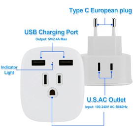 Canada Us to European Travel Plug Adapter,2 PCS European Plug Adapter with 2 USB，3 in 1 Multifunctional Travel Conversion Plug for US Canada to Most of Europe Italy Spain Greece