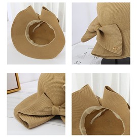 Womens Wide Brim Slit Sun Hat Bow Knot Summer Straw Sun Hats for Women (Pink)
