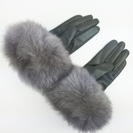 Sandy Ting Winter Women's Lambskin Leather Gloves with Fox Fur Trim Multicolor (Grey, Medium)