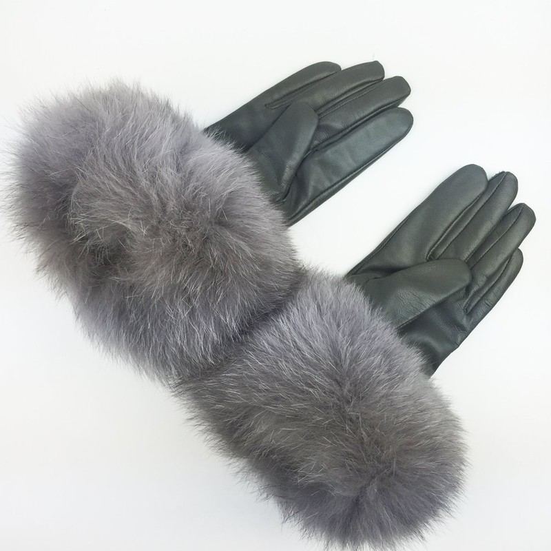 Sandy Ting Winter Women's Lambskin Leather Gloves with Fox Fur