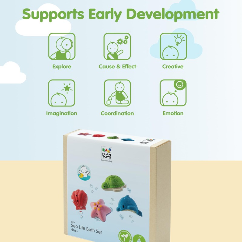 PlanToys® Sea Life Bath Set Wooden Montessori Tactile and Imaginative