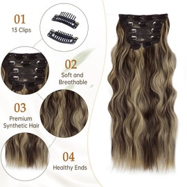 Vigorous Clip in Hair Extensions 20Inch Walnut Brown Mixed Blonde Hair Extension Clip Ins 6Pcs Long Wavy Soft Synthetic Hairpieces for Women