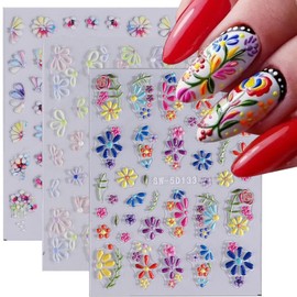 5D Flower Nail Stickers for Nail Art Purple Pink Daisy Gel Nail Stickers Summer Embossed Yellow Blossom Nail Art Stickers Solid Nail Decals Autumn Colorful Nail Decal with Floral Design Sliders 3Pcs