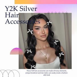 YAEISM Silver Hair Clips 15pcs Y2K Star Hair Accessories Satin Mini Hair Bows Dangle Pentagram Star 2000s Street Punk Clip for Women and Girls