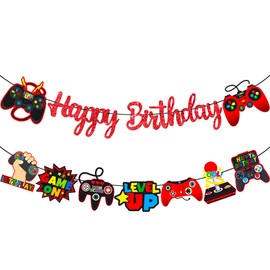 umoni Red Game Birthday Decorations 2Pcs Video Game Birthday Banner Game on Birthday Party Decorations Gaming Cutout Banner for Level up Birthday Baby Shower Supplies