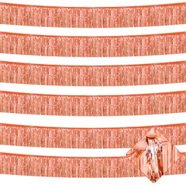 6 Pack 10 Feet Rose Gold Foil Fringe Garland Metallic Tinsel Streamers Banner Wall Hanging Fringe Curtain Backdrop Banner for Parade Floats, Bachelorette, Wedding, Birthday Party Decorations