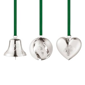Georg Jensen 2023 Gift Set with Bell, Ball and Heart in Silver - Christmas Hanging Decoration by Sanne Lund Traberg with Ribbons - Pack of 3