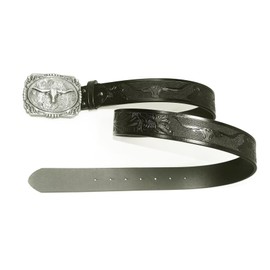 Moranse Western Cowboy Horse & Bull Style Buckle And Genuine Cow Leather Belts, Black Bull Head, 100CM(waistline:32"-34")