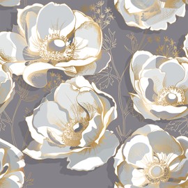 VaryStyle Luxury Gold Floral Peel and Stick Wallpaper Vintage Grey/White/Gold Anemone Flower Wallpaper Removable Stick on Vinyl Wall Paper for Bathroom 17.7"x118" Floral Contact Paper for Cabinet Wall