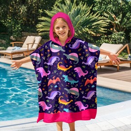 Kids Hooded Beach Towels Wrap for 4-12 Years,Cute Dinosaur Theme Girls Swim Cover Up for Bathroom，27"x33" Quick Dry Purple Bath Towel Poncho,Perfect for Travel Vacation,Pool Party,Swimming
