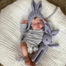 TERABITHIA 19 Inches Realistic Reborn Baby Doll Full Body Vinyl Lifelike Collectible Sleeping Newborn Hand Rooted Hair Boy Dolls with Gray Hooded Outfit & Knit Bunny
