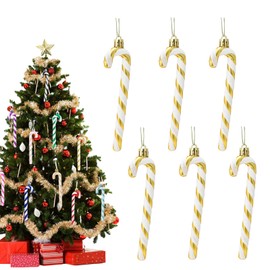 13cm Gold White Candy Cane Christmas Decorations,6pcs Christmas Glitter Candy Cane,Xmas Tree Pendant Hanging Ornaments Plastic Candy Cane for Christmas Tree Decorations,Holiday New Year Party Decor