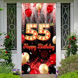 Happy 55th Birthday Backdrop Banner Black and Red Theme Background with Neon Shiny Fashion Birthday Party Photo Photography Prop Booth Door Background for Men Women Celebration 35.4x72.8in-BECKTEN