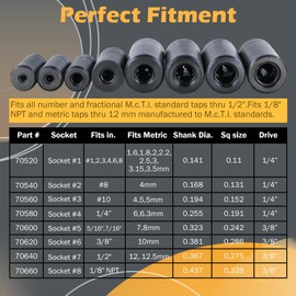 Kefly 70500 Tap Socket Set 8 Pcs Use with 1/4" & 3/8" Drive, Fit MCTI Standard Tap (1/2" & 1/8" NPT, Up to 12mm Metric), for Socket Wrench Set Use